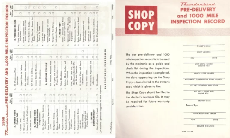 1955 Ford Thunderbird Pre Delivery Inspection Record